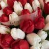 A vibrant bouquet featuring red and white tulips arranged elegantly in a decorative vase.